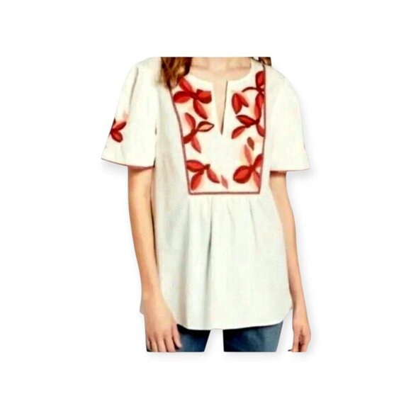 Madewell Tops - Madewell White Red Embroidered Boho Cotton Blouse XS Cottagecore Summer Festival